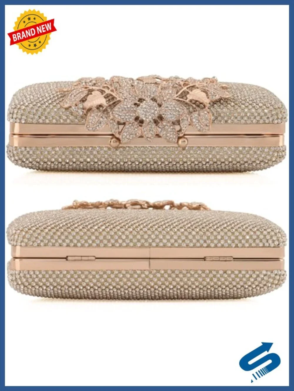 Women's Rhinestone Evening Clutch Bag with Gold Flower Clasp, Hard Shell,
